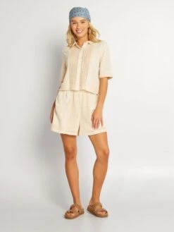 Blusa Calada De Manga Corta - BEIGE