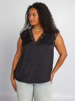 Blusa Con Escote De Pico Y Encaje - Negro