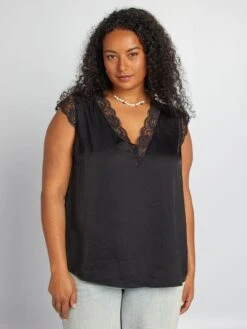 Blusa Con Escote De Pico Y Encaje - Negro 10 Blusa Con Escote De Pico Y Encaje - Negro -TrendyModa Ventas blusa con escote de pico y encaje negro adz93 3 frb4