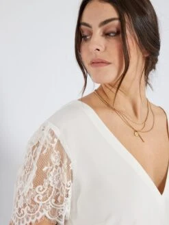 Blusa Corta Con Manga De Encaje - BLANCO -TrendyModa Ventas blusa corta con manga de encaje blanco adr92 1 frb3