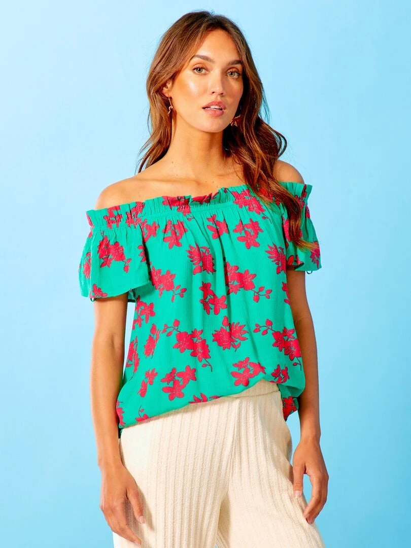 Blusa De Flores Escote Bardot - VERDE 3 Blusa De Flores Escote Bardot - VERDE