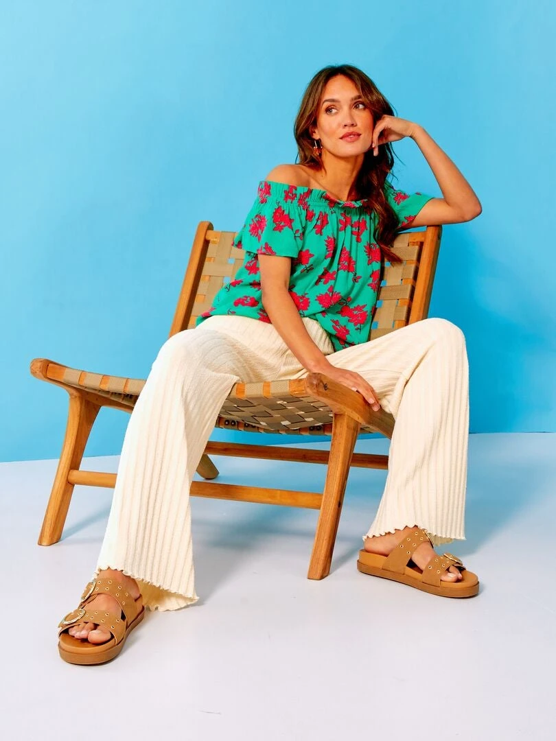 Blusa De Flores Escote Bardot - VERDE 4 Blusa De Flores Escote Bardot - VERDE - Imagen 2