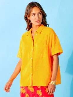 Blusa De Gasa De Algodón - Amarillo Anaranjado -TrendyModa Ventas blusa de gasa de algodon amarillo anaranjado zs085 3 frb3