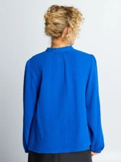 Blusa De Gasa De Algodón Con Cuello Alto - Azul -TrendyModa Ventas blusa de gasa de algodon con cuello alto azul aee49 6 frb3