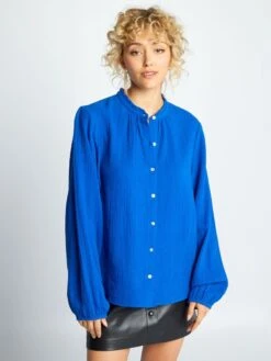 Blusa De Gasa De Algodón Con Cuello Alto - Azul -TrendyModa Ventas blusa de gasa de algodon con cuello alto azul aee49 6 frb4