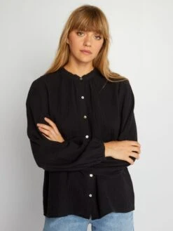 Blusa De Gasa De Algodón Con Cuello Alto - Negro -TrendyModa Ventas blusa de gasa de algodon con cuello alto negro aee49 3 frb3