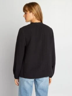 Blusa De Gasa De Algodón Con Cuello Alto - Negro -TrendyModa Ventas blusa de gasa de algodon con cuello alto negro aee49 3 frb4