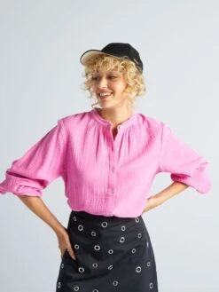 Blusa De Gasa De Algodón Con Cuello Alto - Rosa