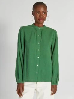 Blusa De Gasa De Algodón Con Cuello Alto - Verde