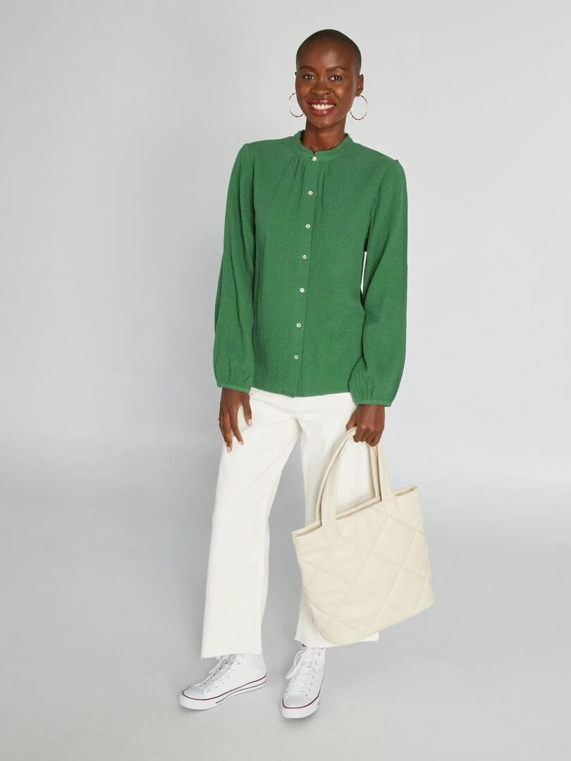 Blusa De Gasa De Algodón Con Cuello Alto - Verde 4 Blusa De Gasa De Algodón Con Cuello Alto - Verde - Imagen 2