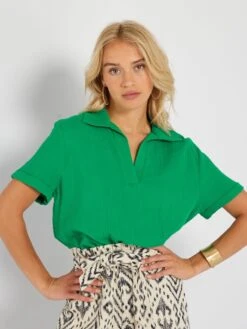 Blusa De Gasa De Algodón - Verde Flúor