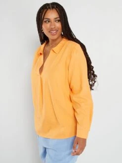 Blusa De Lino Con Cuello De Pico - SIMULACRO DE NARANJA -TrendyModa Ventas blusa de lino con cuello de pico simulacro de naranja zr442 2 frb4