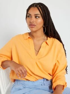 Blusa De Lino Con Cuello De Pico - SIMULACRO DE NARANJA -TrendyModa Ventas blusa de lino con cuello de pico simulacro de naranja zr442 2 frb5
