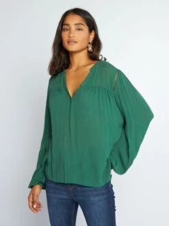 Blusa De Punto De Crepé Con Ribetes Calados - Verde