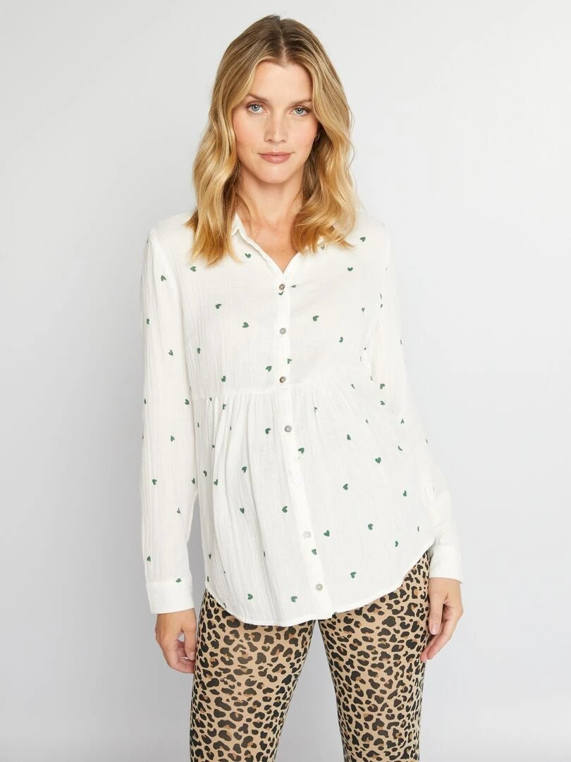 Blusa Premamá De Gasa De Algodón Con Estampado De Corazón - BLANCO 4 Blusa Premamá De Gasa De Algodón Con Estampado De Corazón - BLANCO - Imagen 2