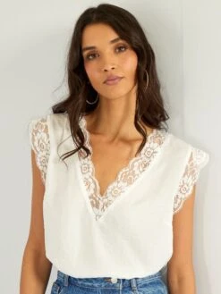 Blusa Satinada Con Encaje - Blanco