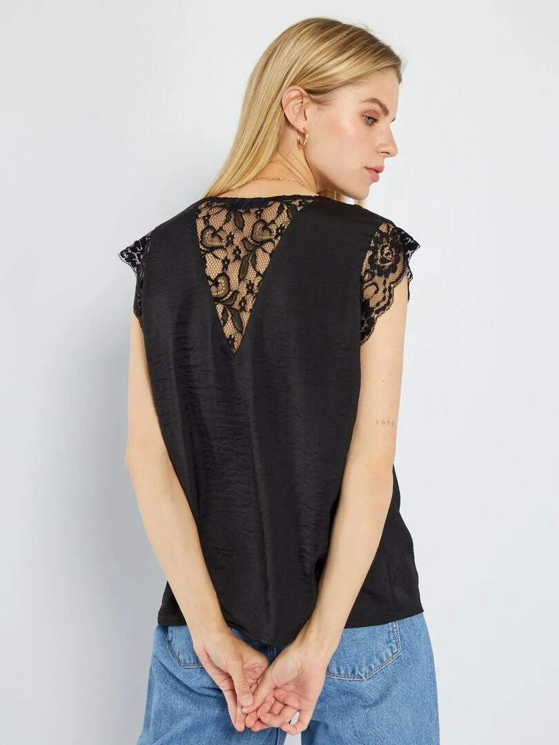 Blusa Satinada Con Encaje - Negro 4 Blusa Satinada Con Encaje - Negro - Imagen 2