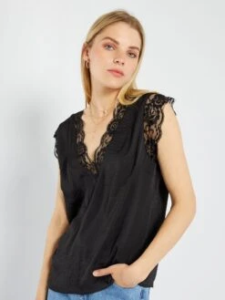Blusa Satinada Con Encaje - Negro 12 Blusa Satinada Con Encaje - Negro -TrendyModa Ventas blusa satinada con encaje negro acw46 4 frb5