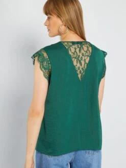 Blusa Satinada Con Encaje - Verde -TrendyModa Ventas blusa satinada con encaje verde acw46 3 frb5