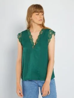 Blusa Satinada Con Encaje - Verde -TrendyModa Ventas blusa satinada con encaje verde acw46 3 frb6