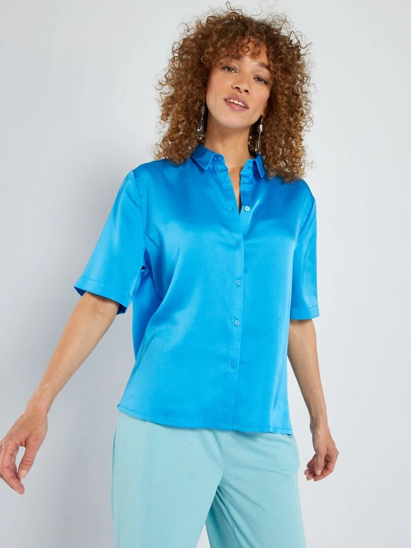 Blusa Satinada De Manga Corta - AZUL 6 Blusa Satinada De Manga Corta - AZUL - Imagen 4