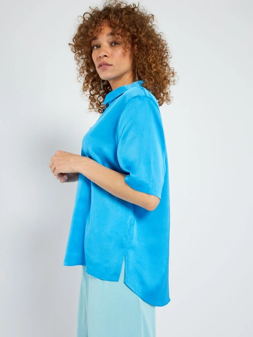 Blusa Satinada De Manga Corta - AZUL 7 Blusa Satinada De Manga Corta - AZUL - Imagen 5