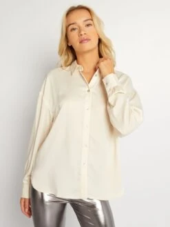 Blusa Satinada De Manga Larga - CERVEZA BEIGE