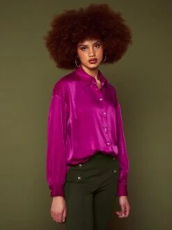 Blusa Satinada De Manga Larga - Rosa