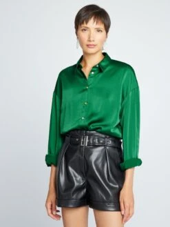 Blusa Satinada De Manga Larga - Verde