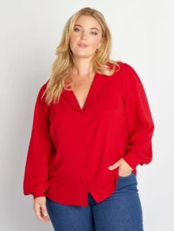 Blusa Vaporosa Con Cuello Sastre - ROJO