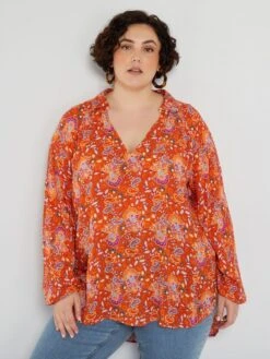 Blusa Vaporosa Con Estampado - NARANJA