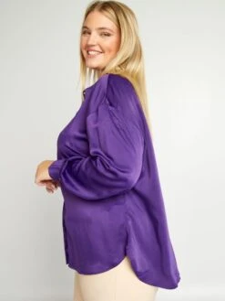 Camisa De Efecto Satinado Cuello Italiano - PURPURA -TrendyModa Ventas camisa de efecto satinado cuello italiano purpura aiu10 1 frb4