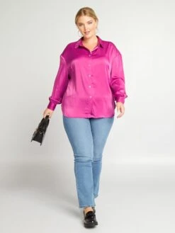 Camisa De Efecto Satinado Cuello Italiano - Rosa