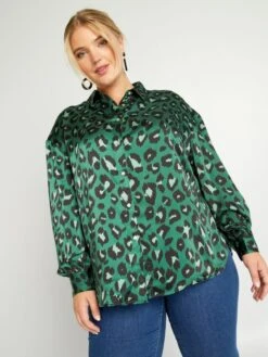 Camisa De Efecto Satinado Cuello Italiano - VERDE