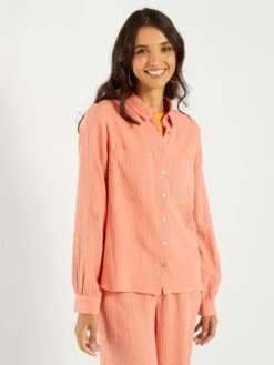Camisa De Gasa De Algodón - NARANJA -TrendyModa Ventas camisa de gasa de algodon naranja zo431 8 frb5