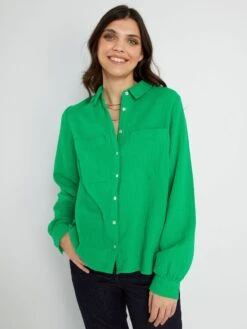 Camisa De Gasa De Algodón - Verde Flúor -TrendyModa Ventas camisa de gasa de algodon verde fluor zo431 4 frb5