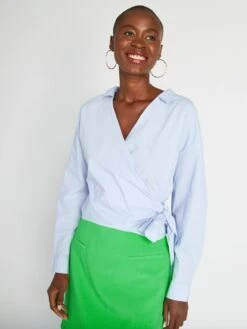 Camisa De Popelina Y Lazo Anudado Por Delante - Azul