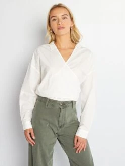 Camisa De Popelina Y Lazo Anudado Por Delante - Blanco