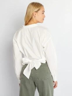 Camisa De Popelina Y Lazo Anudado Por Delante - Blanco -TrendyModa Ventas camisa de popelina y lazo anudado por delante blanco axn33 1 frb3