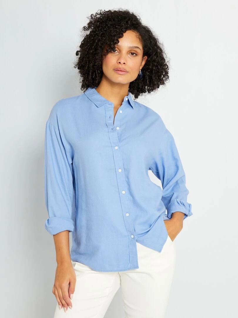 Camisa Larga Lisa De Lino - AZUL 3 Camisa Larga Lisa De Lino - AZUL