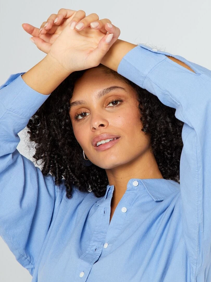 Camisa Larga Lisa De Lino - AZUL 7 Camisa Larga Lisa De Lino - AZUL - Imagen 5