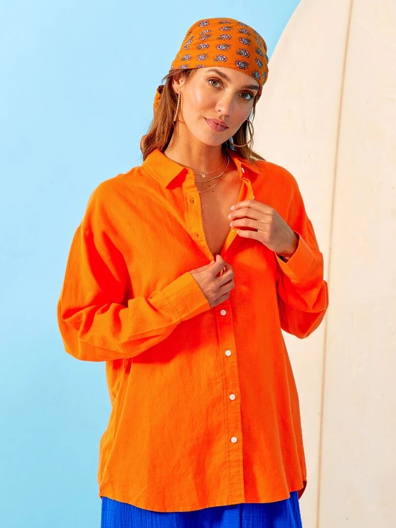 Camisa Larga Lisa De Lino - Naranja 3 Camisa Larga Lisa De Lino - Naranja