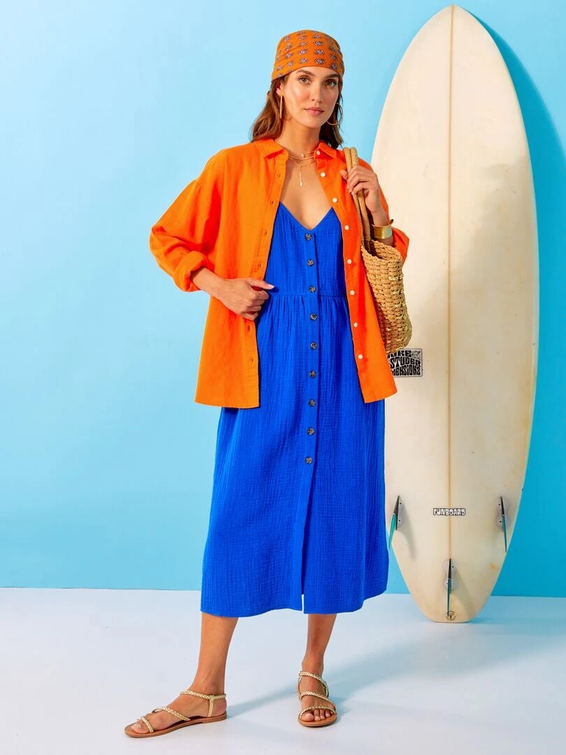 Camisa Larga Lisa De Lino - Naranja 4 Camisa Larga Lisa De Lino - Naranja - Imagen 2