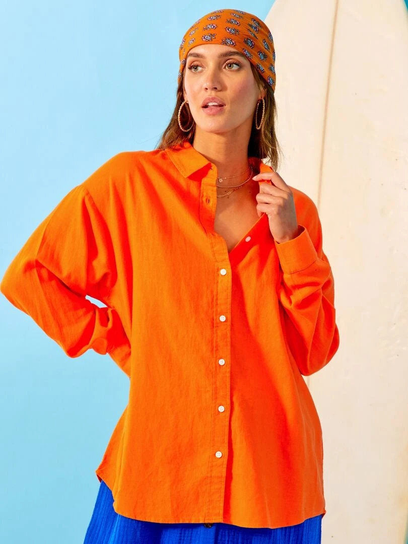 Camisa Larga Lisa De Lino - Naranja 5 Camisa Larga Lisa De Lino - Naranja - Imagen 3