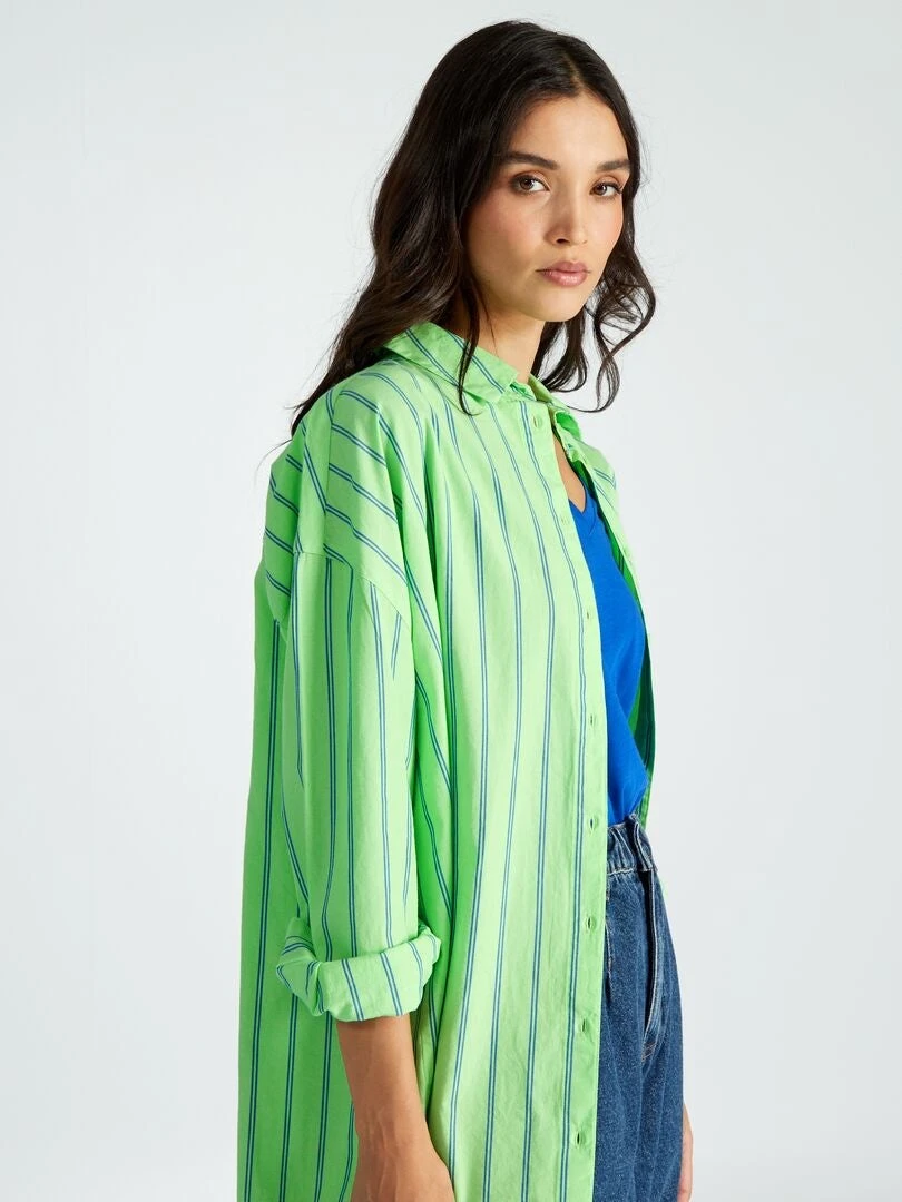 Camisa Oversize De Popelina - Rayas Verdes 9 Camisa Oversize De Popelina - Rayas Verdes - Imagen 7