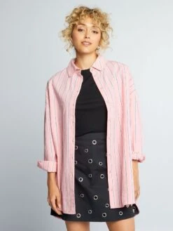 Camisa Oversize De Popelina - Rosa Rayado