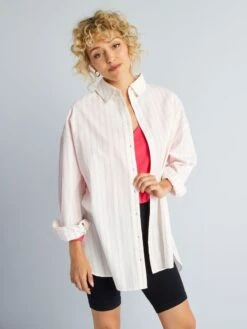 Camisa Oversize De Popelina - Rosa/blanco -TrendyModa Ventas camisa oversize de popelina rosablanco aee08 9 frb2