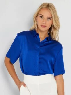 Camisa Satinada De Manga Corta - Azul