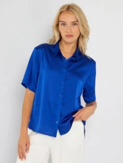 Camisa Satinada De Manga Corta - Azul -TrendyModa Ventas camisa satinada de manga corta azul acw55 2 frb4