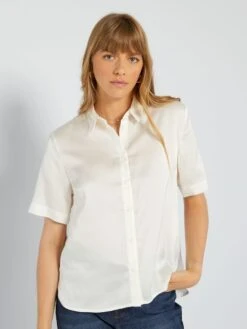 Camisa Satinada De Manga Corta - Blanco -TrendyModa Ventas camisa satinada de manga corta blanco acw55 1 frb3